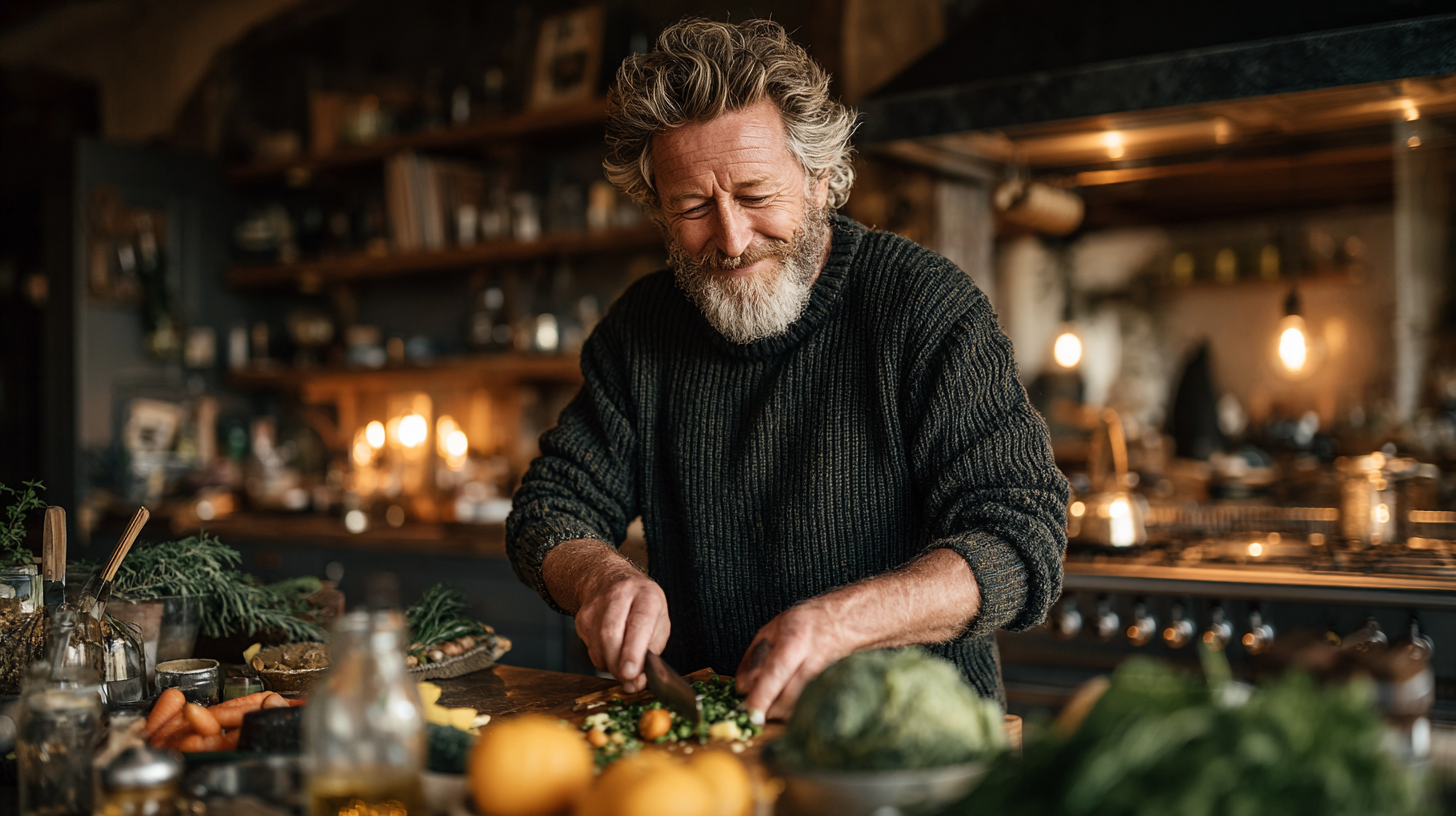 Щаслива пара старшого віку готує здорову їжу