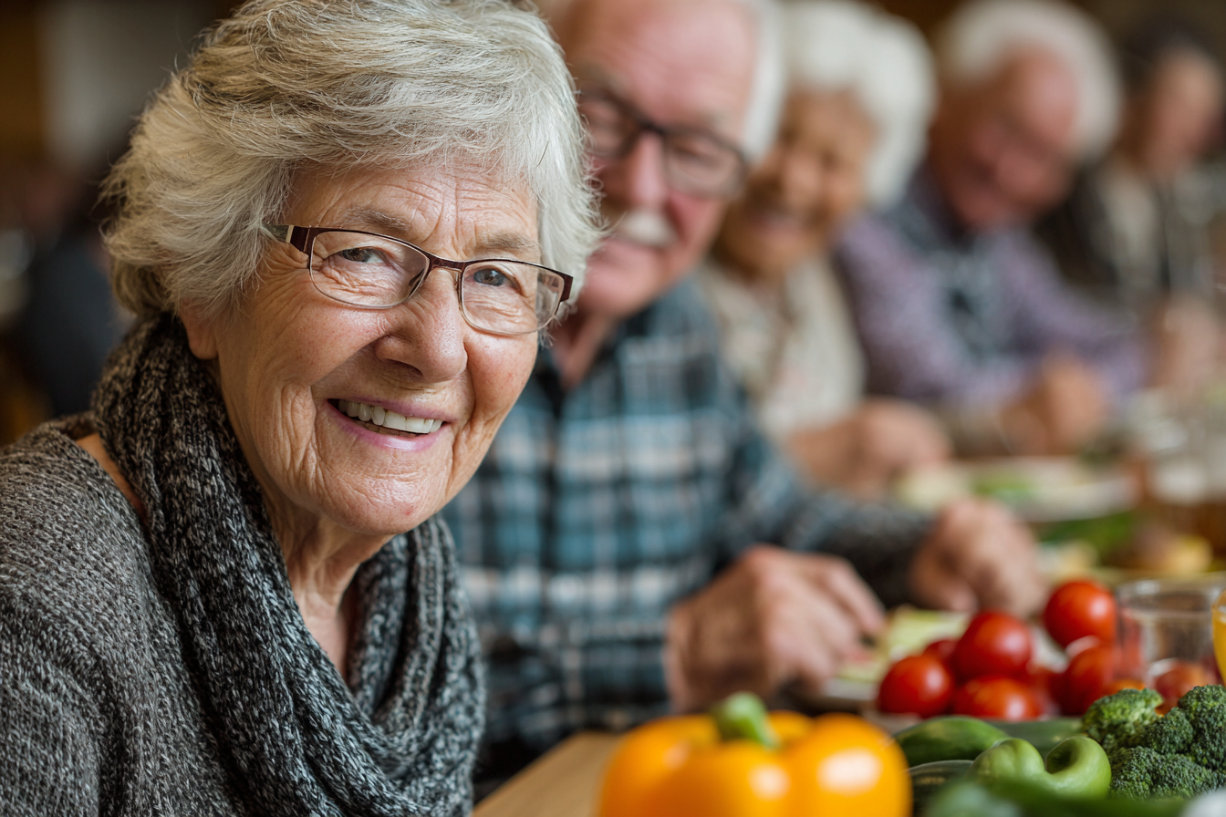 Група друзів старшого віку разом готують здорову їжу
